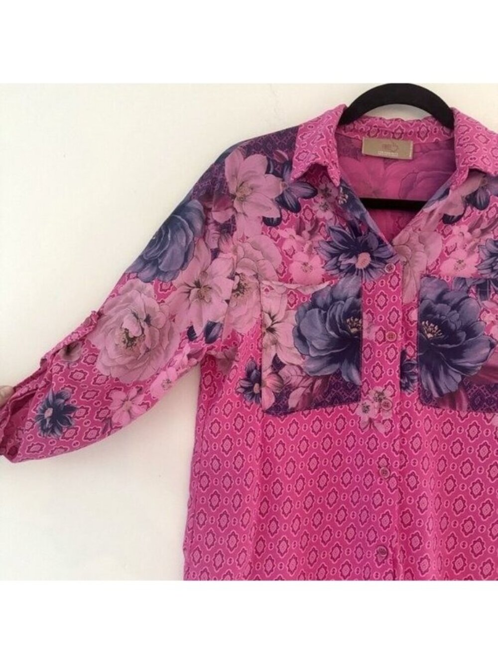 Free For Humanity Small Blouse Button Down Mixed Floral Twee Roll Tab Barbie Fun